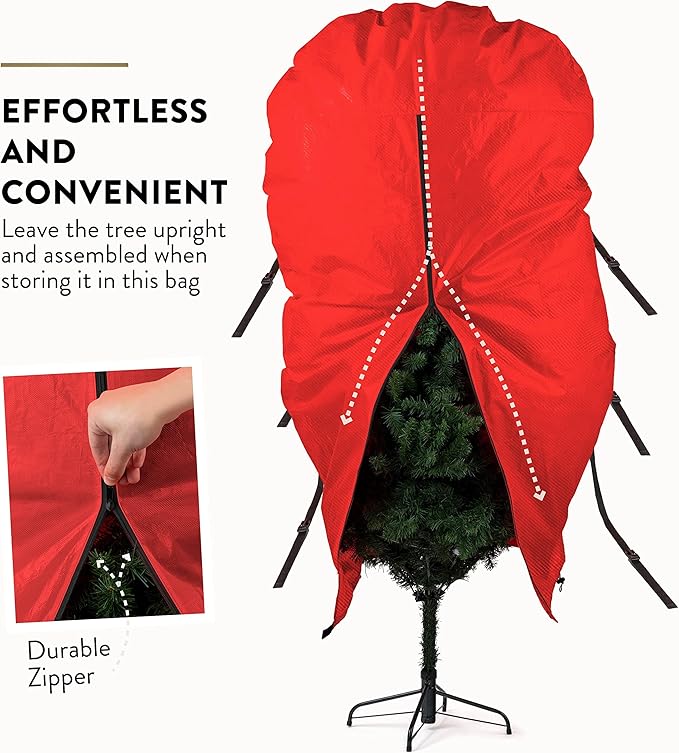 ZOBER Upright Christmas Tree Storage Bag With Drawstring Hem- Fits 7.5 Ft Trees - Oxford Waterproof Fabric Christmas Tree Bag For Storage Box For Xmas - Strong, Durable Straps & Handles - Red