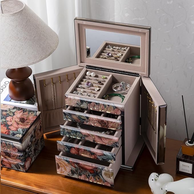 High End Glass Jewelry Box, 5 Layer Jewelry Organizer with 2-Sided Doors and Mirror, Velvet-Lined Organizer For Ring, Necklace, Earring, Bracelet Storage - Valentine's Day Gifts For Women
