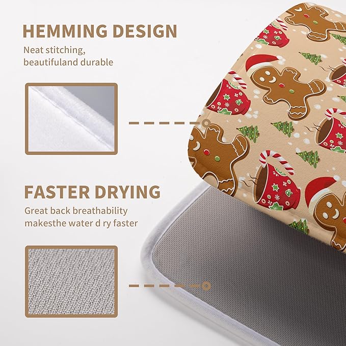 Wnoesat Cute Gingerbread Man Xmas Dish Drying Mat, Absorbent Dish Pad, 18x24 inch