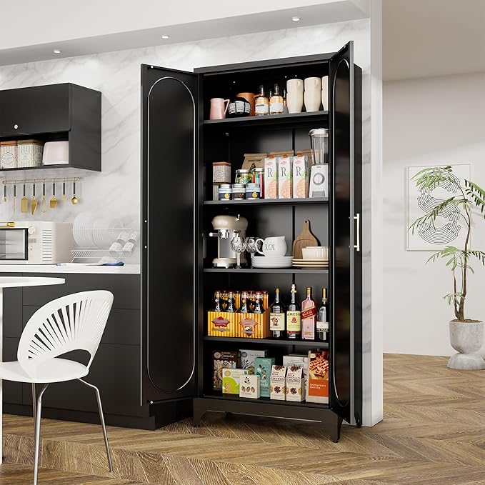 Metal Storage Cabinet with Doors, 75" Tall Kitchen Pantry Storage Cabinets, Black Pantry Cabinets with Adjustable Shelves, Home Office Cabinet, Large Cupboard, High Leveling Feet- Assembly Required
