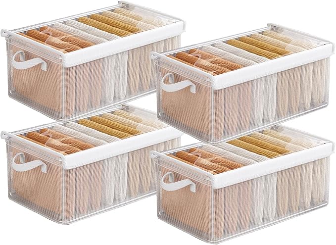 4PCS Foldable Storage Box with Lid - Extra Large FabricCloset Organizer for Clothes, 18.5x11x7.9 Inch Canvas Bin,Collapsible Design for Bedroom, Shelf, Closet, Underbed (Clear)