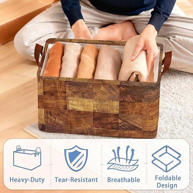 Vintage Wood Grain Storage Baskets,Barn Wooden Foldable Large Capacity Organizer Bins with Waterproof Lining and Leather Handles for Closet,Shelf,Bedroom 17x11.5x10Inch