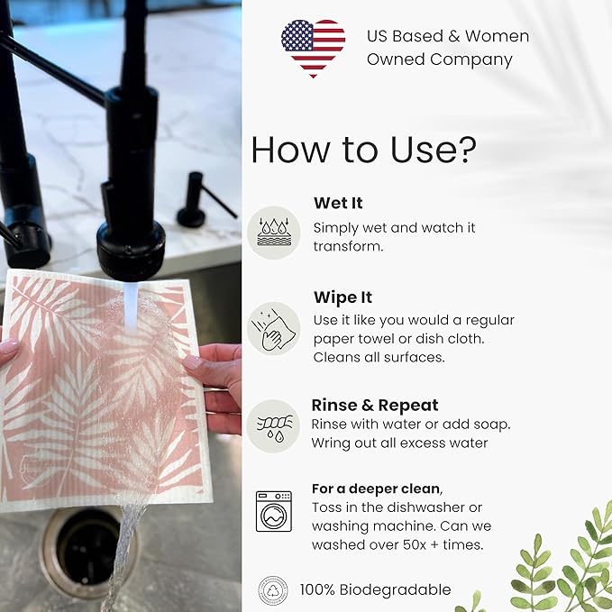 Harps&Seb Swedish Dishcloths for Kitchen Dish Towels - 5 Pack, Non-Scratch Reusable Paper Towels, Super Absorbent Washable Swedish Dish Cloths, No Odor, Biodegradable, Leaf Design