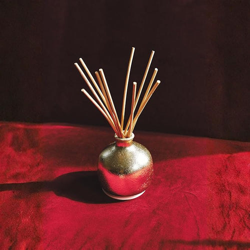 2025 Gold Holiday Diffuser | Joy - Black Plum & Cassis, Refillable, Contains Essential Oil, Sustainable Wellness, Hand Finished, Premium, Luxury Ceramic, Rattan Reeds