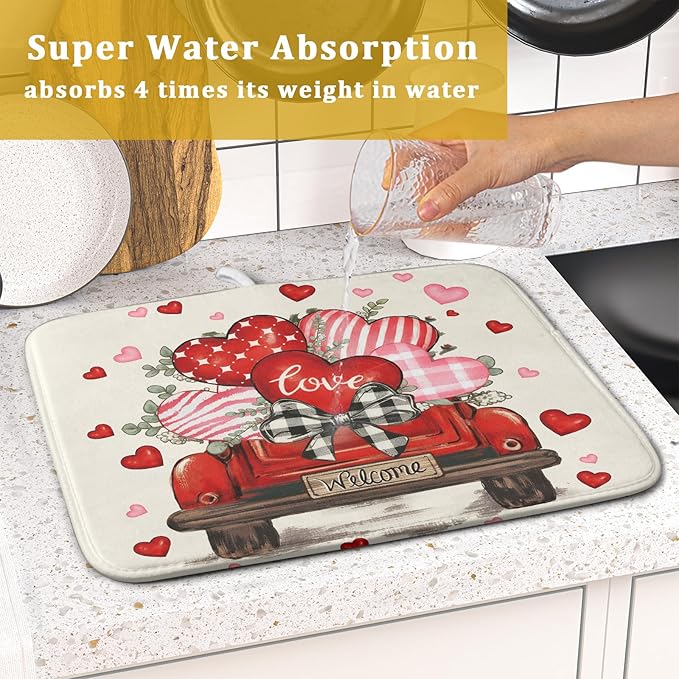 Valentines Day Red Truck Dish Drying Mat for Kitchen Counter 18x16 Inch Pink Heart Drying Mat with Absorbent Reversible Microfiber Love Dish Drainer Mats Rack Pad for Coffee Countertop Protector