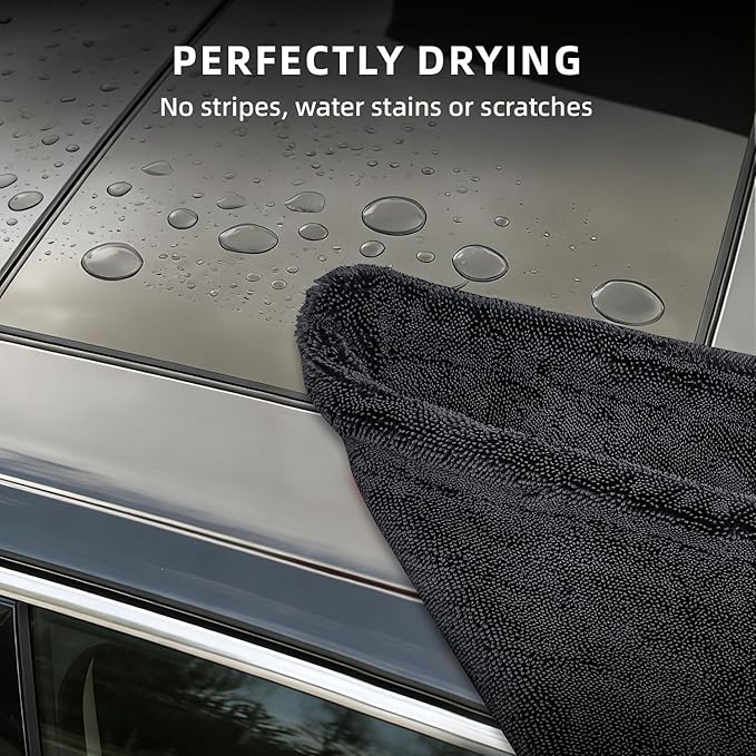 RYCELYSIAN 24" x 36" Twisted-Loop Car Drying Towel, 1500GSM Microfiber Cleaning Cloth for Car, Trucks, Motorcycles, Streak Free, Lint Free, Ultra Absorbent Washing Cloth for Kitchen, Window (Grey)