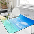FTJHKUY Dish Drying Mat, Ocean Pattern, Blue, Absorbent Suede & Diatom Mud, 12"x19"