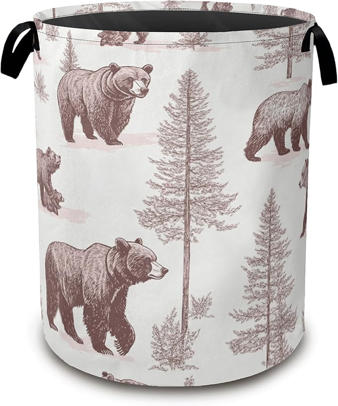 Large Laundry Basket,Retro Bear Collapsible Laundry Baskets,Forest Printed Waterproof Oxford Hamper with Handles for Bathroom Bedroom Nursery Home Storage 16"x20"