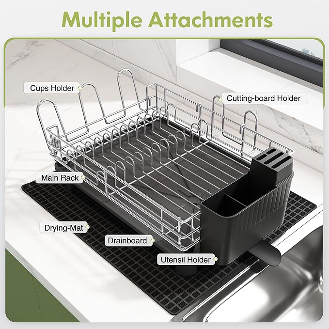 BOOSINY Grey Stainless Steel Dish Drainers Drying Rack for Kitchen Counter with Drainboard, Rust Proof Metal, Space Saving, Modern Aesthetic, Compact Plates Strainers with Extra Mat