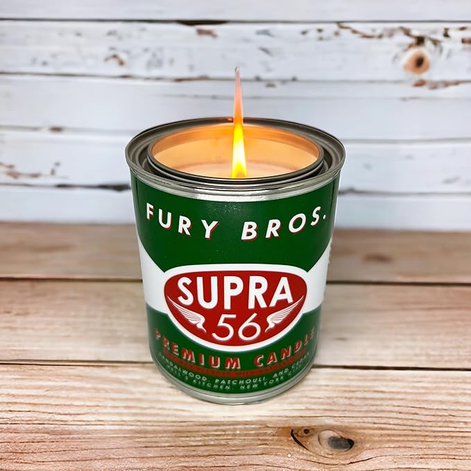 Fury Bros. Scented Candles for Men | Supra 56 | Sandalwood Patchouli Cedar | Natural Soy Wax | Hand-Poured in The USA | Long 70-80 Hour Burn (12.5 oz) | Vintage-Inspired Tin Design | Dad Home Gift