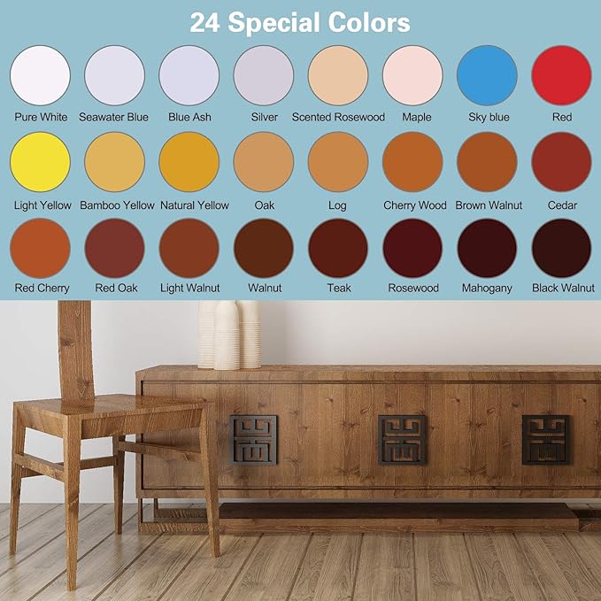 SEISSO Wood Furniture Repair Kit -Set of 50, 24 Colors Wood Touch up Fillers, Wood Repair Paint with Scraper and Brushes, Repair Scratches, Cracks, Stains, Hole, for Tables, Laminate, Cabinet, Floors