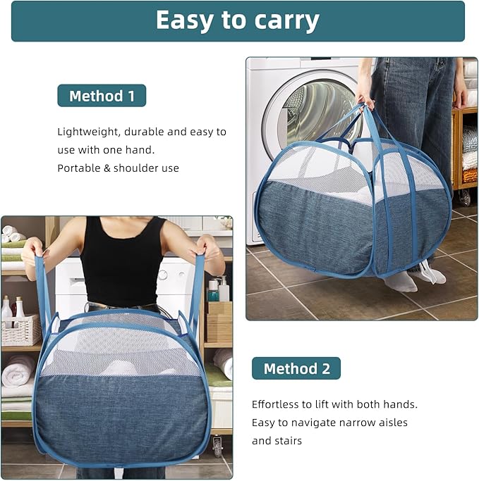 Durable Collapsible Laundry Basket, 90L Clothes Hampers for Laundry, Foldable Laundry Basket with Handles, Tear-proof Pop Up Hampers for Bedroom, Bathroom, Kids Room, Dorm, Travel or Campout Blue