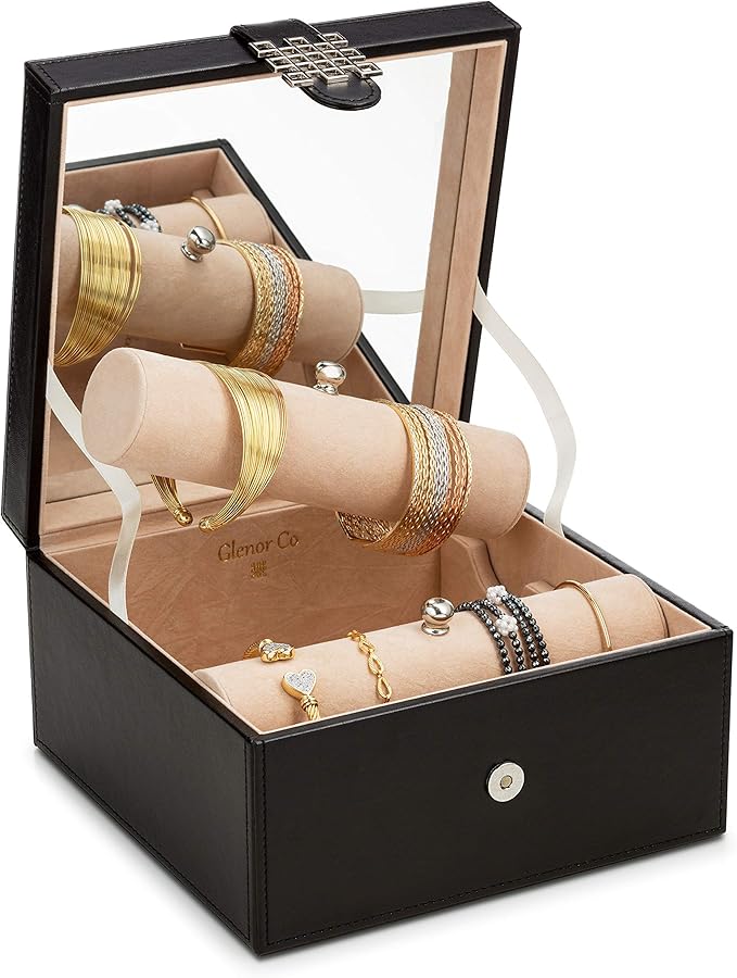 Glenor Co Bracelet Jewelry Box with 2 Removable Rolls - Holder Stores Bracelets, Bangles & Watches - Organizer w Metal Closure - Large Mirror - PU Leather - Display on Stand or Dresser - Black