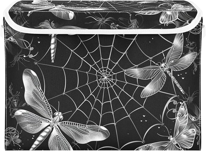 senya Halloween Baskets Collapsible Storage Bins with Lids, Spider Webs Dragonflies Storage Boxes Clothes Baskets for Organizing, B06D22020