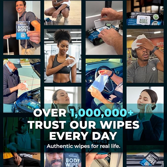 XL Body Wipes for Men - 50 No Rinse Shower Sheets + 4 Travel Bath Sachets - 10 x 11.5" After Gym Mens Deodorant Wipes - Adult Disposable Washcloths, Face Towels for Camping Essentials & Survival Gear