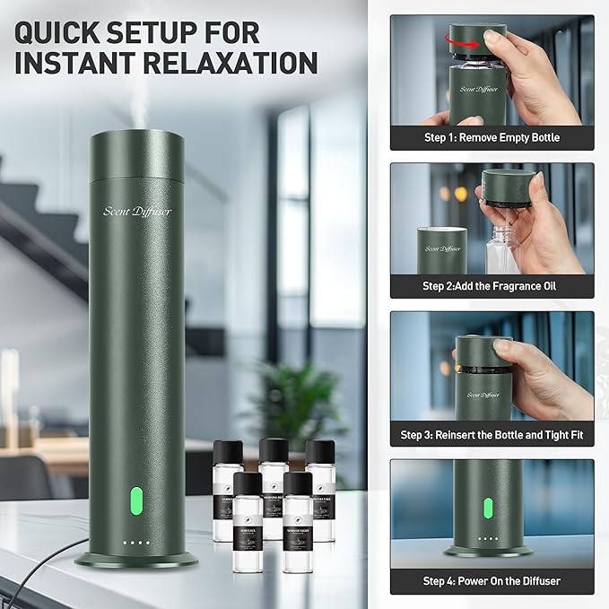 Waterless Scent Diffuser Starter Kit - 1000 Sq Ft Coverage, Hotel Scent Diffuser, Essential Oil Diffuser Large Room, Included 5 Scent Oils, Remote Control, SandGreen