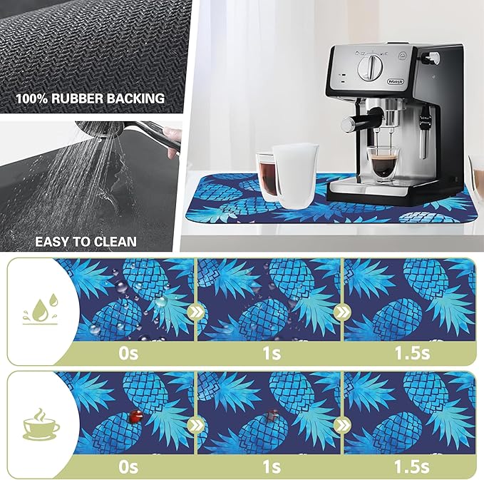 Kitchen Mat Blue Pineapple Dish Drying Mat 12"x19" Bsorbent Coffee Maker Mat for Sink Dishes or Under Rack Kitchen Counter Accessories Absorbent Hide Stain Rubber Backed Dish Drying Pad