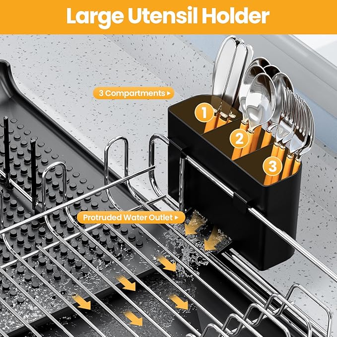 TOOLF Expandable Dish Rack, Dish Drying Rack for Kitchen Counter, Foldable Dish Dryer Rack, Stainless Steel Dish Drainer Racks with Cutlery Holder, Collapsible Dish Drying Racks Large Size,Black