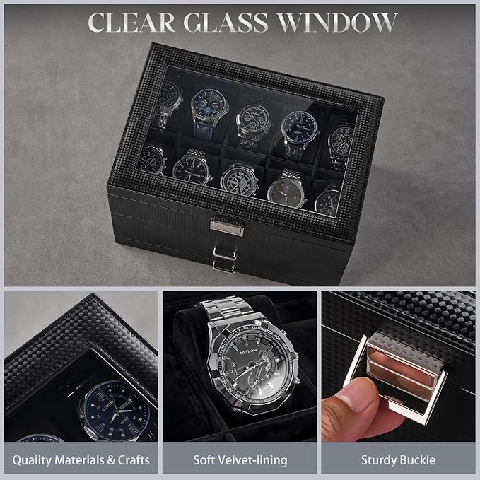 ProCase 20 Slot Watch Box for Men, 3-Layer Watch Display Case with Glass Lid, Watch Holder with Drawer, Jewelry Storage Organizer for Watches Straps Rings -AllBlack
