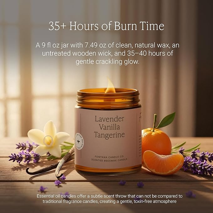 Fontana Candle Co Wood Wick Beeswax Jar Candles, Lavender Vanilla Tangerine - Made with Coconut Oil & Pure Essential Oils – Clean Burn, Long Lasting and Non-Toxic Candles for Home & Room Decor