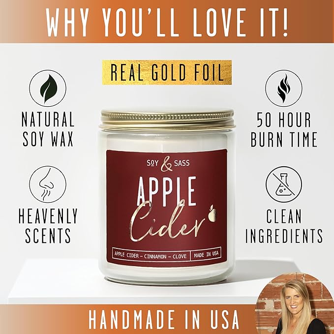 Apple Cider Candle, Fall Candles I Apple Cider, Cinnamon & Nutmeg - Infused with Essential Oils I Mulled Cider Fall Scented Candle (Soy) for Home I 9oz Reusable Jar I 50Hr Burn I Made in USA