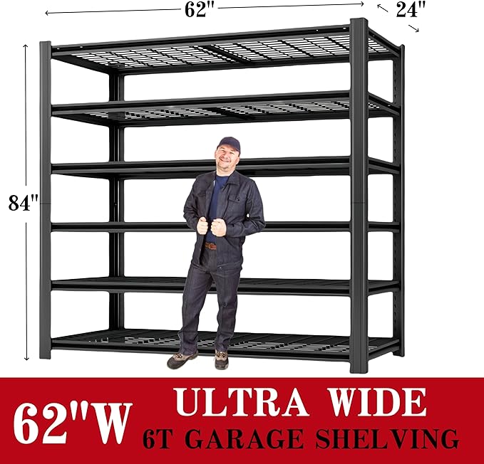 LI JIU HOME 6T 62" W x 24" D x 84" H Garage Shelving Heavy Duty Metal Shelving 4200LBS Storage Shelves Adjustable Metal Shelves for Storage Industrial Garage Shelves for Warehouse Basement