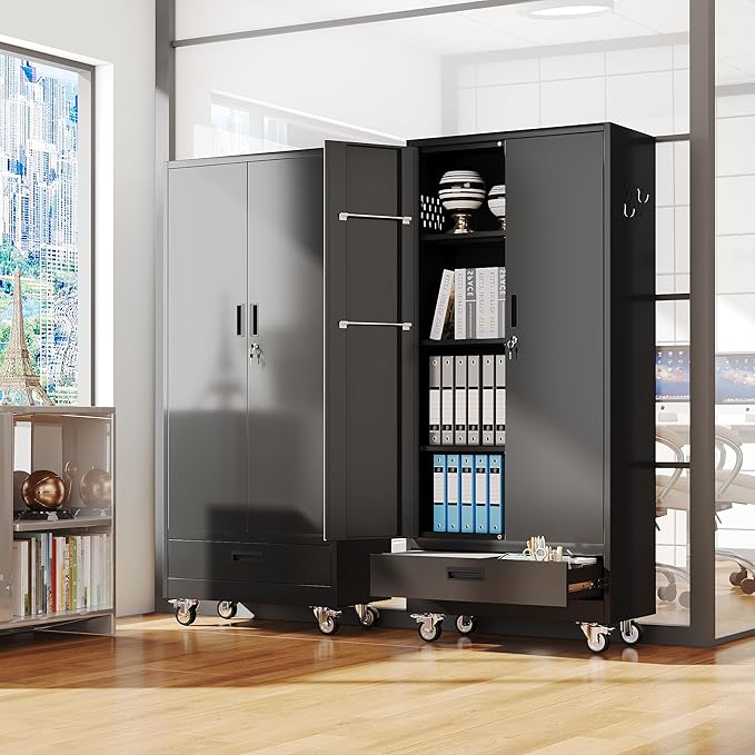 Broom Closet Storage Cabinet with Wheels and Drawer,Garage Storage Cabinet with Doors,Pegboard and Adjustable Shelves for Garage Home,Required Assembly,Black,15.75" D x 31.5" W x 70.83" H