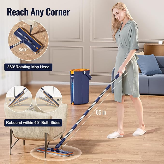 HoMettler Mop and Bucket Set with Wringer, 3-Tank Flat Mop and Bucket System, Wall Mop Cleaner with Long Handle, Hands Free Mops for Floor Cleaning with 8 Microfiber Pads