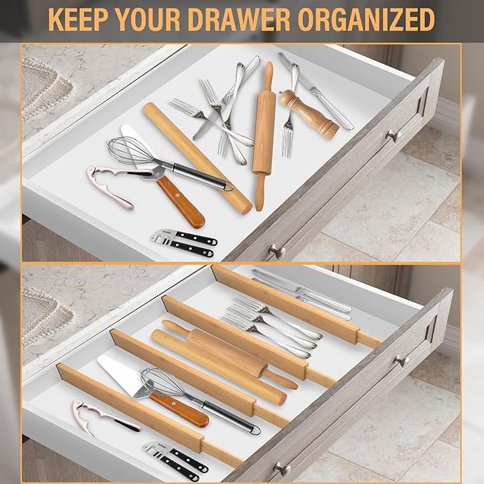 Bamboo Drawer Dividers,Kitchen Drawer Dividers Adjustable,Expandable Drawer Dividers Organizer for Kitchen large Utensils, Dressers Bathroom,Clothes,Office,Drawer Organization Separators(17.7-22 in)