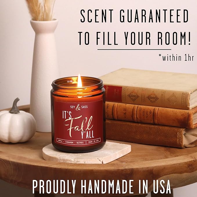 Fall Candles - 'It's Fall Yall' Candle w/Apple Cinnamon & Nutmeg I Infused with Essential Oils I Autumn Scented Candles I Cozy Cute Décor Gifts I 9oz Jar I 50Hr Burn I Made in USA