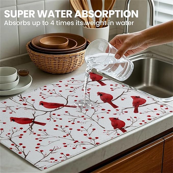 Dish Drying Mat For Kitchen Counter, Cardinal Bird Red Berry Microfiber Absorbent Dish Drainer Rack Pad Reusable Large 18x24in Drying Mat