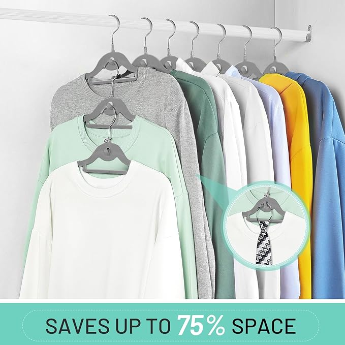 Velvet Stackable Hangers 30 Pack, STOPKLAS Grey Clothes Hangers Non Slip Felt Hanger with 360° Swivel Hook, Thin Hangers Space Saving, Heavy Duty Closet Hanger for Clothes, Coats, Suits, Dress, Pants