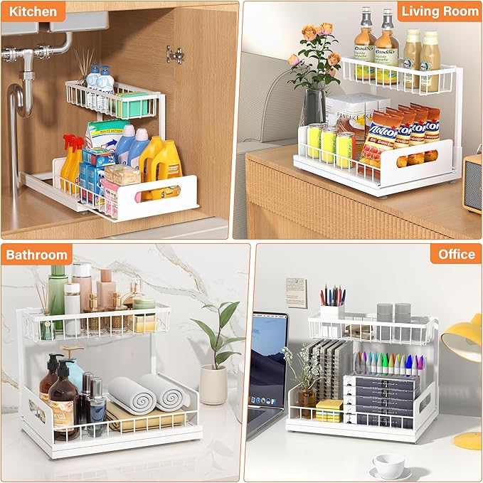 MERATIA 2 Pack Under Sink Organizer, 2 Tier Pull Out Cabinet Organizer,Slide out Metal Cabinet Organizers Multi-Purpose Drawer Shelf for Kitchen Bathroom Pantry Cabinet Closet Organization Rack,White