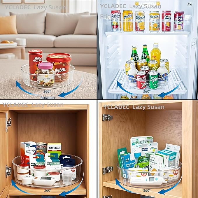 YCLADEC 4 Pack Lazy Susan 11.5" Inch Turntable Organizer Organization Storage Container Bins Spice Rack Cabinet Rotating Condiment for Pantry Countertop Kitchen Vanity Bathroom Jewelry Holder Clear
