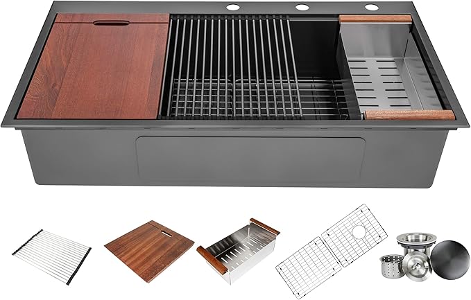 Workstation Topmount/Drop-in Stainless Steel Sink (Black Nano, 42 Inch Single Bowl)