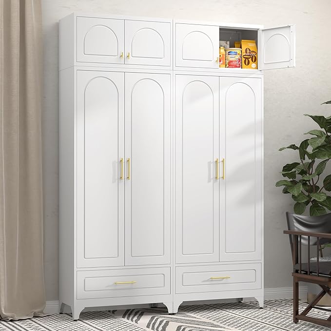 Metal Storage Cabinet with Drawer, 90" Tall Kitchen Pantry Storage Cabinets with Doors and Adjustable Shelves, White Pantry Closet, Steel Large Cupboard, High Leveling Feet- Assembly Required