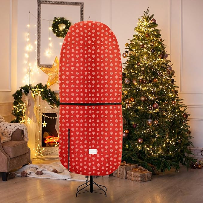 Upright Christmas Tree Storage Bag,Tear Resistant Adjustable Xmas Tree Storage Cover for 9 FT Assembled Tree with Ornaments,Christmas Tree Cover Waterproof - Snow Printing Red