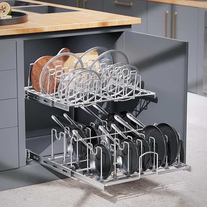 STORKING 2-Tier Kitchen Pull out Cabinet Organizer for Pots, Pans, and Lid Cookware, Adjustable Heavy Duty Wire Pan and Pot Rack, Full-Extension Rail 12" W *22" D