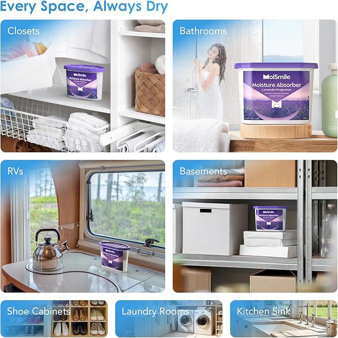 Moismile Moisture Absorbers 12 Packs, 10.8OZ Lavender Vanilla Efficient Humidity Absorber ＆ Odor Eliminator Boxes, Refillable Car Dehumidifier for Closet, Bathroom, Basement＆ RV