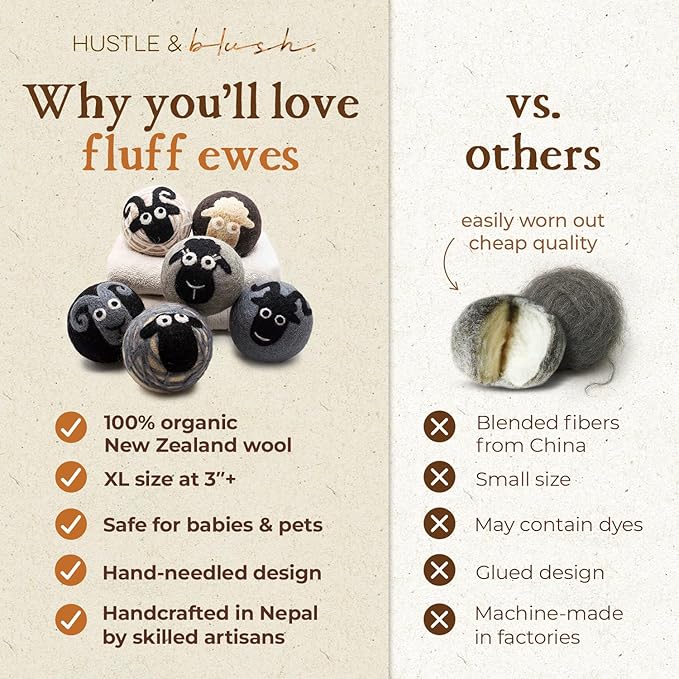 Hustle & Blush Fluff Ewes Wool Dryer Balls 6 Pack - Extra Large Classic Premium Hand Needled New Zealand Laundry Set, Reduces Drying Time, Static Control, Chemical Free Reusable for Essential Oils