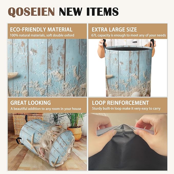 Large Laundry Basket,Beach Seashell Starfish Collapsible Laundry Baskets,Blue Wooden Waterproof Oxford Hamper with Handles for Bathroom Bedroom Nursery Home Storage 16"x20"