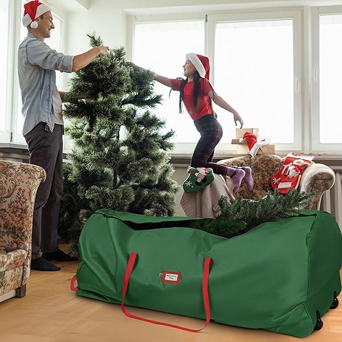 Holiday Cheer Christmas Tree Storage Bag with Wheels – Heavy Duty Christmas Tree Bag Fits Up to 9ft Tall Artificial Christmas Tree, Waterproof, Durable Handles & Zipper – Xmas Tree Storage Bag (Green)