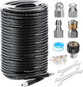 200FT Sewer Jetter Kit for Pressure Washer, 5800PSI Drain Cleaner Hose 1/4 Inch NPT, Corner, Rotating and Button Nose Sewer Jetting Nozzle Waterproof Tape Pearl Corsage Pin with 2Pcs Spanner