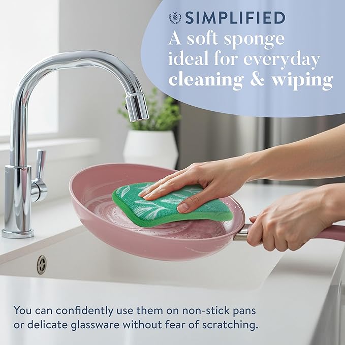Simplified 5-Pack Scrub & Wipe 2-in-1 Dishwashing Sponges - Non-Abrasive Cleaning Sponges, Double-Sided - Safe for Dishes, Non-Stick Pans or Glassware, Absorbent Dish Sponges, Green Leaves