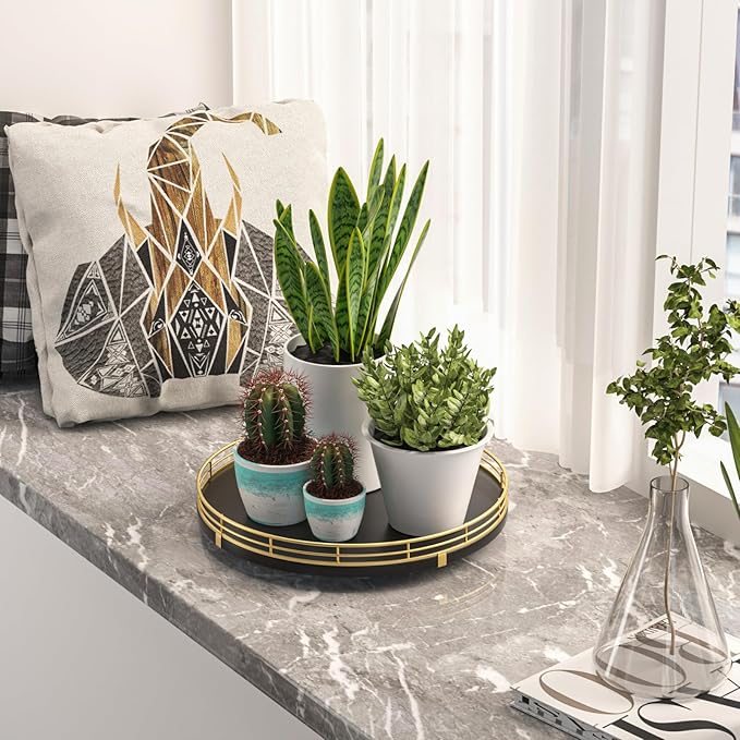 10" Oak Wood Decorative Tray for Home Decor, Tray for Coffee Table Decor Perfume Nightstand Vanity Bathroom Trays for Counter Candle Jewelry Makeup Farmhouse Table Centerpiece for Dining Room Gold