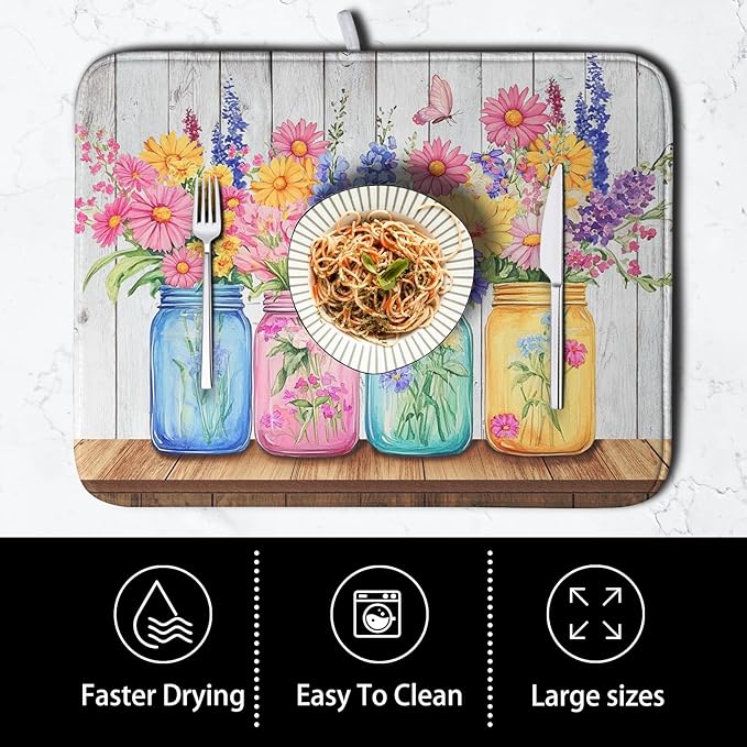 Daisy Dish Drying Mat for Kitchen Counter Spring Summer Flowers Vases Dishes Pad Microfiber Absorbent Dish Draining Mats Rustic Farmhouse Floral Wooden Board Dish Drainer Rack Mat 18x24 Inch