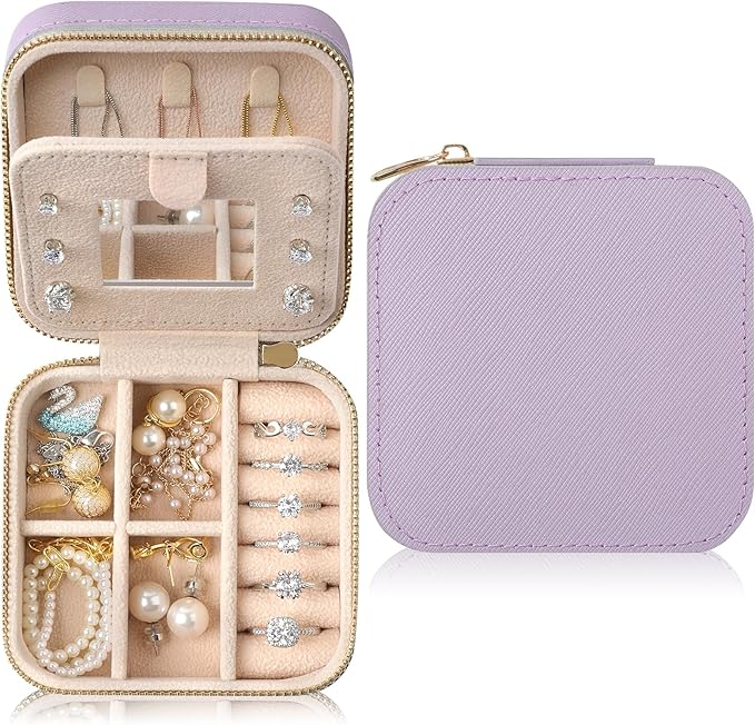 Genuine Leather Travel Jewelry Case Organizer with Mirror for Women, Small Jewelry Box Portable Mini Jewelry Case for Earring, Ring, Necklace, Bracelet(Lilac)