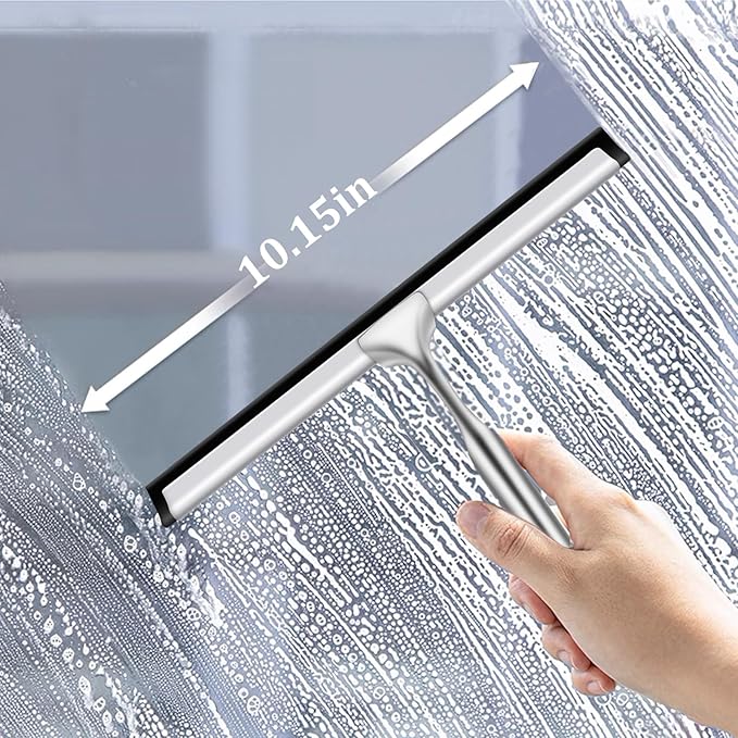 Windran 10-Inch Shower Squeegee for Glass Doors, Stainless Steel Shower Squeegee with Shower Door Hook & Adhesive Hook, Multi-Purpose Bathroom Squeegee for Glass, Door, Mirror and Window (Silver)
