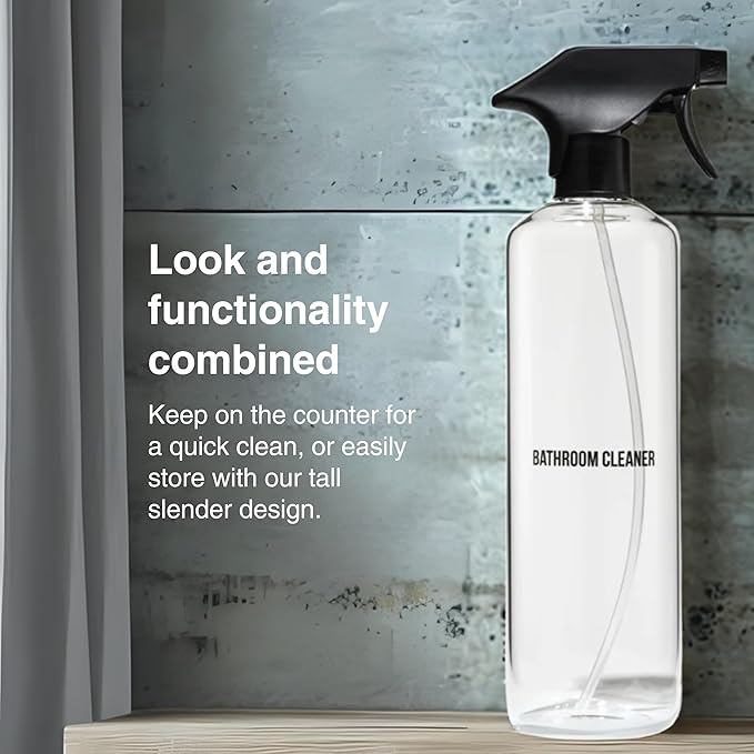 Public Goods Empty Glass Spray Bottle for Bathroom Cleaner | Refillable Spray Bottle for Cleaning | Made with Clear Borosilicate Glass for Toilets, Tile, Showers, Sinks | BPA Free | 24 Oz