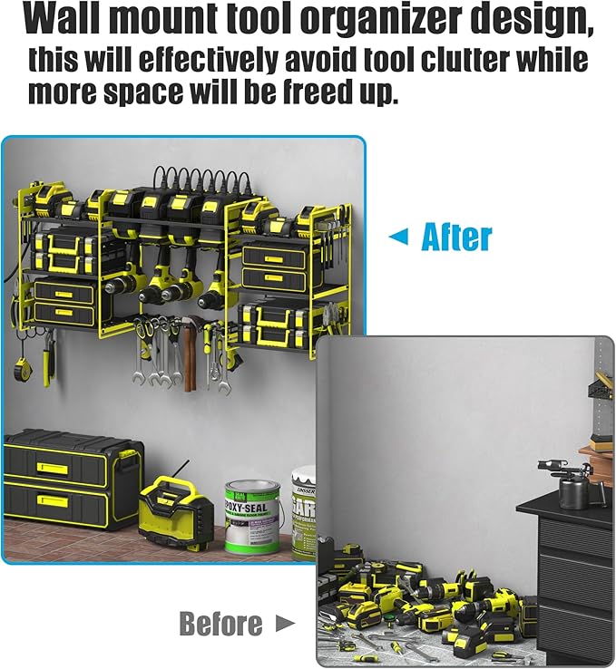 CCCEI Green Power Tool Organizer Wall Mount, Large Tools and Battery Storage Rack Charging Station Individual Switches. Drills Holder, Garage Utility Shelves with 6FT Power Strip. Gift for Men.